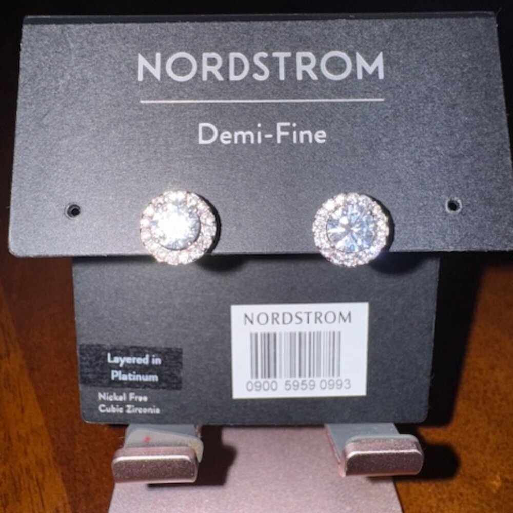 Brand New NORDSTROM Demi-Fine Platinum Layered Cubic Zirconia Halo Stud Earrings